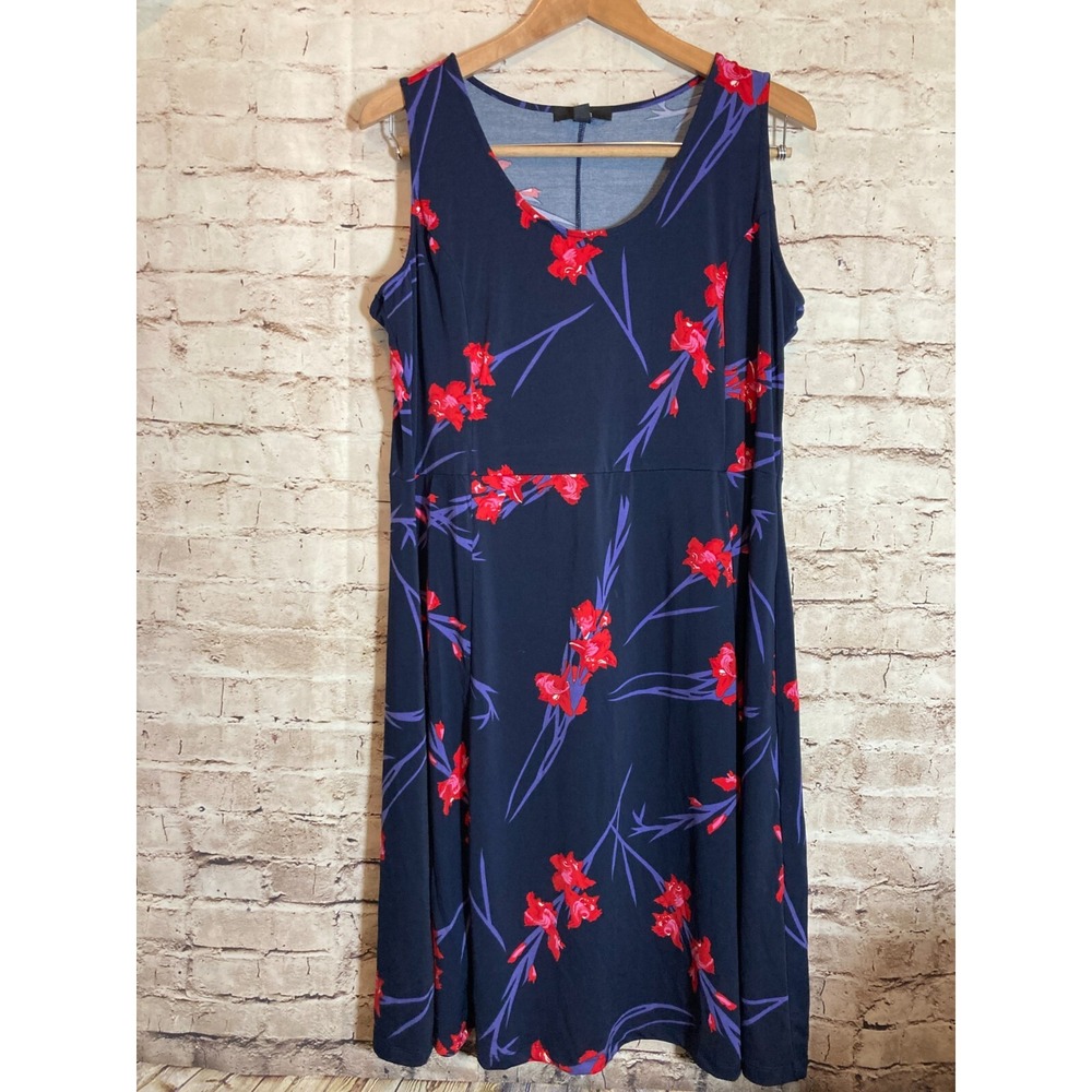Ellos Tank Dress Womens Medium Midnight Blue Floral Babydoll Stretch Flowy Midi
